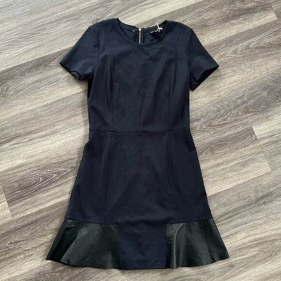 Club Monaco Black Navy Dress 12 Mini Chic Leather Trim Cocktail - Picture 2 of 9